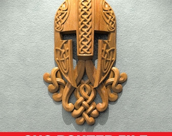 Viking Warrior Helmet 3D STL Model for CNC Router Wood Carving Norse Mythology Wall Decor Celtic Knot Beard Digital Download Art Design File
