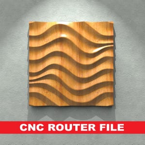 Könnte beinhalten: Wandkunst aus Holz mit einem wellenartigen Muster. Das Stück besteht aus hellbraunem Holz und weist eine Reihe von geschwungenen, fließenden Linien auf. Der Text "CNC ROUTER FILE" wird in einem roten Banner unten angezeigt.