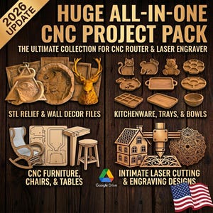 May include: An advertisement for a CNC project pack. The image showcases various wooden items, including wall decor, kitchenware, furniture, and laser-cut designs. Text includes "HUGE ALL-IN-ONE CNC PROJECT PACK" and "THE ULTIMATE COLLECTION FOR CNC ROUTER & LASER ENGRAVER."