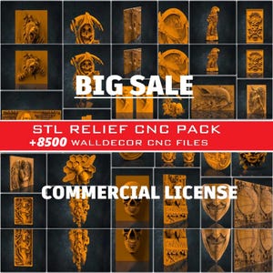 以下が含まれることがあります： CNCルーター用の3Dレリーフデザインのコラージュ。デザインは金色で、頭蓋骨、動物、宗教的な人物など、さまざまなモチーフが含まれています。画像の上部には「BIG SALE」というテキストが大きく太字で表示されています。コラージュの下には「STL RELIEF CNC PACK +8500 WALLDECOR CNC FILES」というテキストが赤字で表示されています。画像の下部には「COMMERCIAL LICENSE」というテキストが大きく太字で表示されています。