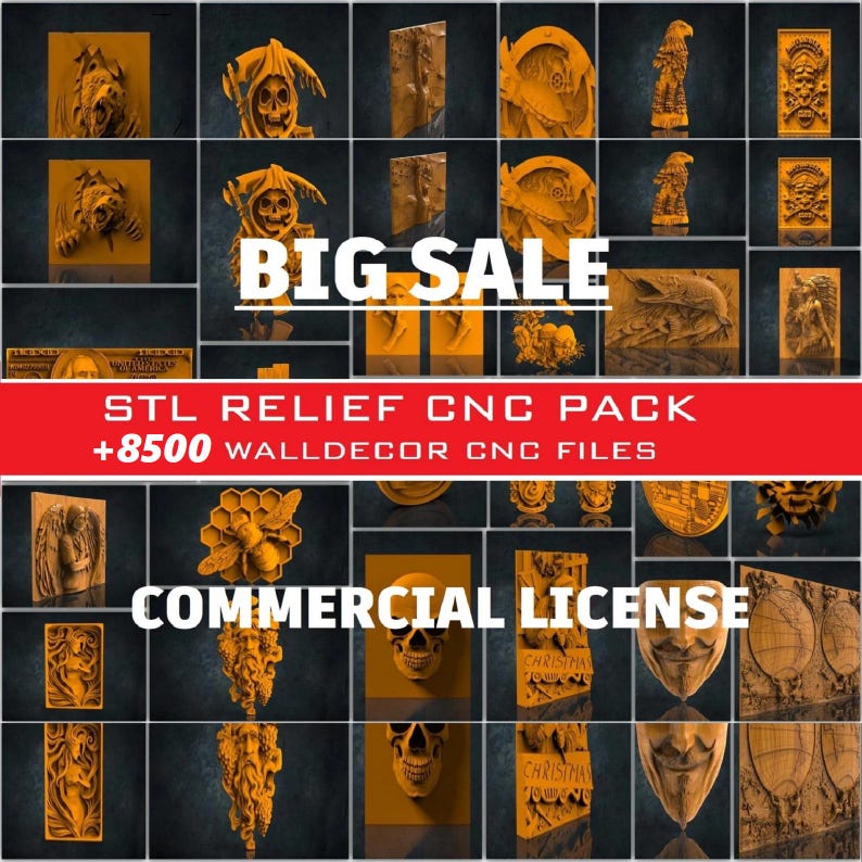May include: A collage of 3D relief designs for CNC routers. The designs are in a gold color and include a variety of subjects, such as skulls, animals, and religious figures. The text "BIG SALE" is in large, bold letters at the top of the image. The text "STL RELIEF CNC PACK +8500 WALLDECOR CNC FILES" is in red letters below the collage. The text "COMMERCIAL LICENSE" is in large, bold letters at the bottom of the image.