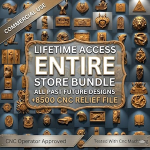 May include: A display of various intricately carved wooden relief sculptures, featuring animals and portraits, set against a dark blue background. The image includes text that reads "LIFETIME ACCESS ENTIRE STORE BUNDLE +8500 CNC RELIEF FILE".