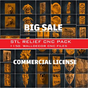 May include: A collage of over 150 3D relief wall decor CNC files for sale. The files are in STL format and are perfect for creating unique and personalized wall art. The image features a variety of designs, including skulls, animals, and religious symbols. The text "BIG SALE" and "COMMERCIAL LICENSE" are also visible in the image.