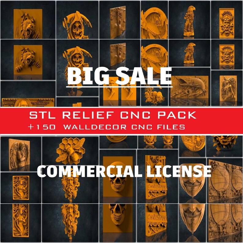 May include: A collage of over 150 3D relief wall decor CNC files for sale. The files are in STL format and are perfect for creating unique and personalized wall art. The image features a variety of designs, including skulls, animals, and religious symbols. The text "BIG SALE" and "COMMERCIAL LICENSE" are also visible in the image.