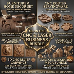 May include: A digital advertisement for an all-in-one CNC and laser business bundle. The image displays various wooden furniture, servingware, relief carvings of lions and eagles, and laser-cut models including a dinosaur and dragon.