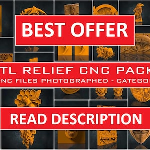 May include: A collage of over 150 CNC relief files, photographed and categorized. The files are in STL format and are perfect for creating intricate designs on wood, metal, or other materials. The image features a variety of designs, including animals, plants, and geometric patterns. The text "BEST OFFER" and "STL RELIEF CNC PACK" is displayed in red.