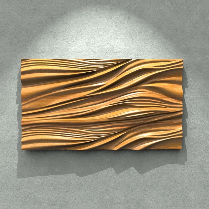 May include: A rectangular wooden wall art piece with a wave-like pattern. The artwork is made of light brown wood and has a textured surface. The piece is mounted on a gray wall.