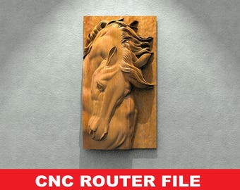 May include: A detailed CNC router file for a wooden wall sculpture of two horse heads. The sculpture is carved in a realistic style and features intricate details of the horses' manes and faces.