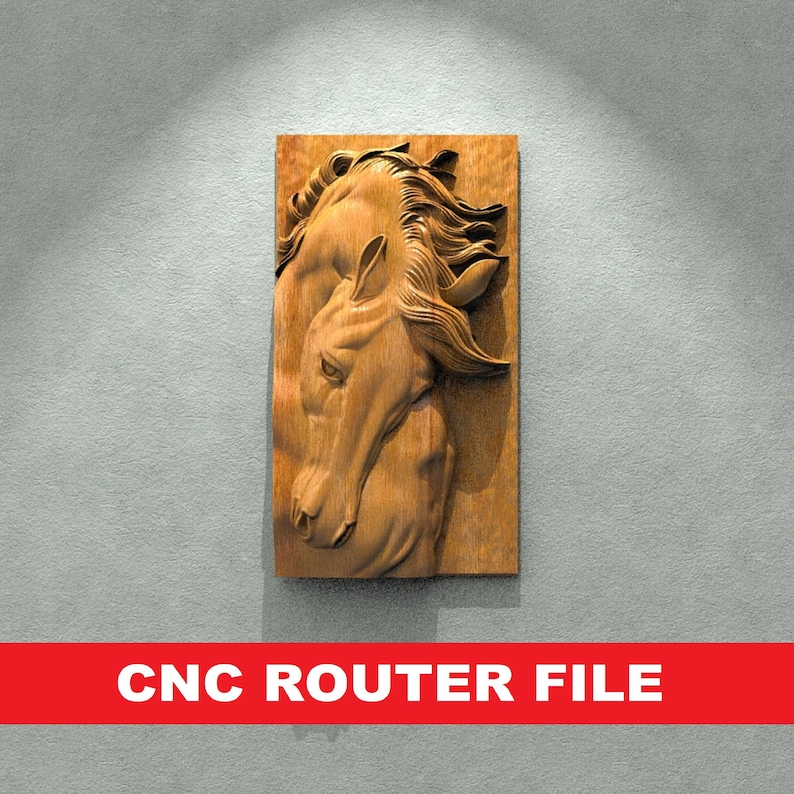 May include: A detailed CNC router file for a wooden wall sculpture of two horse heads. The sculpture is carved in a realistic style and features intricate details of the horses' manes and faces.