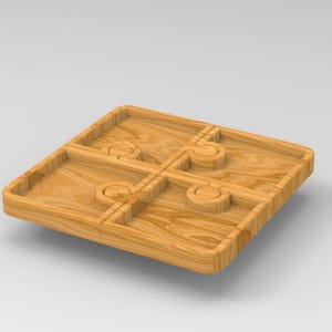 Puede incluir: Un tablero de juego de madera con cuatro cuadrados, cada uno con una peque&ntilde;a hendidura circular. El tablero est&aacute; hecho de madera marr&oacute;n claro con un patr&oacute;n de veta natural.