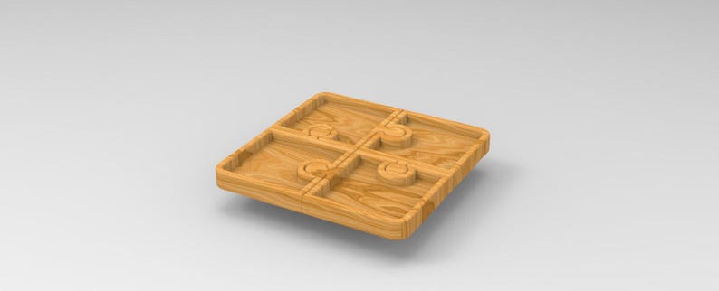 Puede incluir: Un tablero de juego de madera con cuatro cuadrados, cada uno con una peque&ntilde;a hendidura circular. El tablero est&aacute; hecho de madera marr&oacute;n claro con un patr&oacute;n de veta natural.