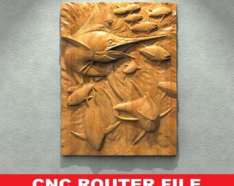 Swordfish 3D STL Model for CNC Router, Ocean Life Wood Carving Relief Design, Marlin Fishing Wall Art Digital Download for Artcam and Aspire