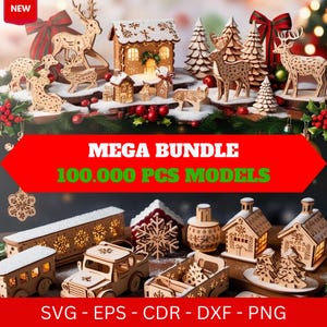 May include: A large bundle of 100,000 Christmas-themed SVG, EPS, CDR, DXF, and PNG files. The image shows a variety of wooden ornaments, including a gingerbread house, reindeer, and a snowflake.