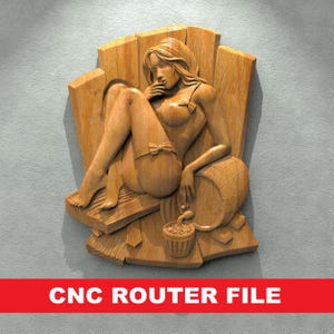 May include: A wooden carving of a woman sitting on a barrel with a cup of popcorn in her hand. The carving is detailed and realistic, with intricate details in the woman's hair, clothing, and the barrel.