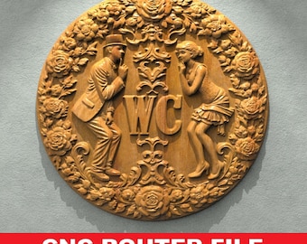 Vintage Style WC Sign 3D STL Relief Design for CNC Router and Wood Carving Toilet Door Sign