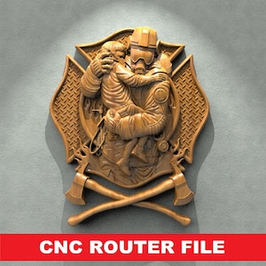 Peut inclure: Sculpture en bois représentant un pompier tenant un enfant, encadrée dans une croix de Malte. Deux haches croisées sont en bas. Le texte "CNC ROUTER FILE" est sur une bannière rouge.