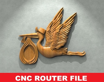 Stork Bringing Baby STL File CNC Router Engraver, 3D Relief File Artcam Aspire CNC files Wood Art Wall Decor VCarve Relief Cut3d