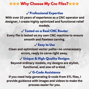May include: A graphic with a white background and blue checkmarks. The text reads "Why Choose My CNC Files?" and lists reasons why someone should choose the seller's CNC files, including "Professional Expertise", "Tested on a Real CNC Router", "Easy to Use", "Unique & High-Quality Designs", and "G-Code Assistance".