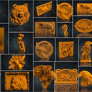 May include: A collection of 20 wooden wall art carvings featuring various animals, including bears, deer, eagles, and a bee. The carvings are all in a light brown color and have a detailed, realistic style.