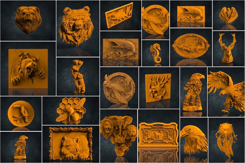 May include: A collection of 20 wooden wall art carvings featuring various animals, including bears, deer, eagles, and a bee. The carvings are all in a light brown color and have a detailed, realistic style.