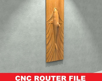 May include: A wooden wall art carving of a dolphin jumping out of the water. The carving is on a rectangular piece of wood with a natural wood finish.
