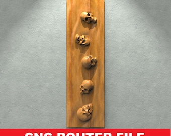 May include: A wooden wall art piece featuring five carved skulls arranged vertically on a rectangular wooden board. The skulls are detailed and have a natural wood finish. The text "CNC ROUTER FILE" is displayed in a red banner at the bottom.