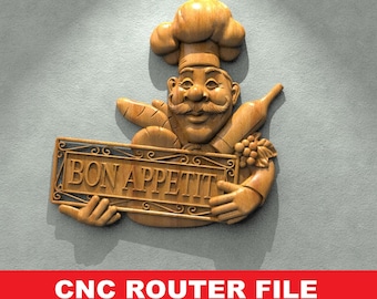 Bon Apetit Cafe Restaurant STL File CNC Router Engraver, 3D Relief File Artcam Aspire CNC files Wood Art Wall Decor VCarve Relief Cut3d