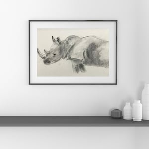African rhino charcoal drawing, original and minimalist black and White Art, digital safari wall art, animal drawing, sketch art