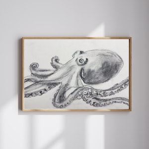 Octopus Charcoal Drawing: Minimalist Nautical Wall Art (Digital Download)