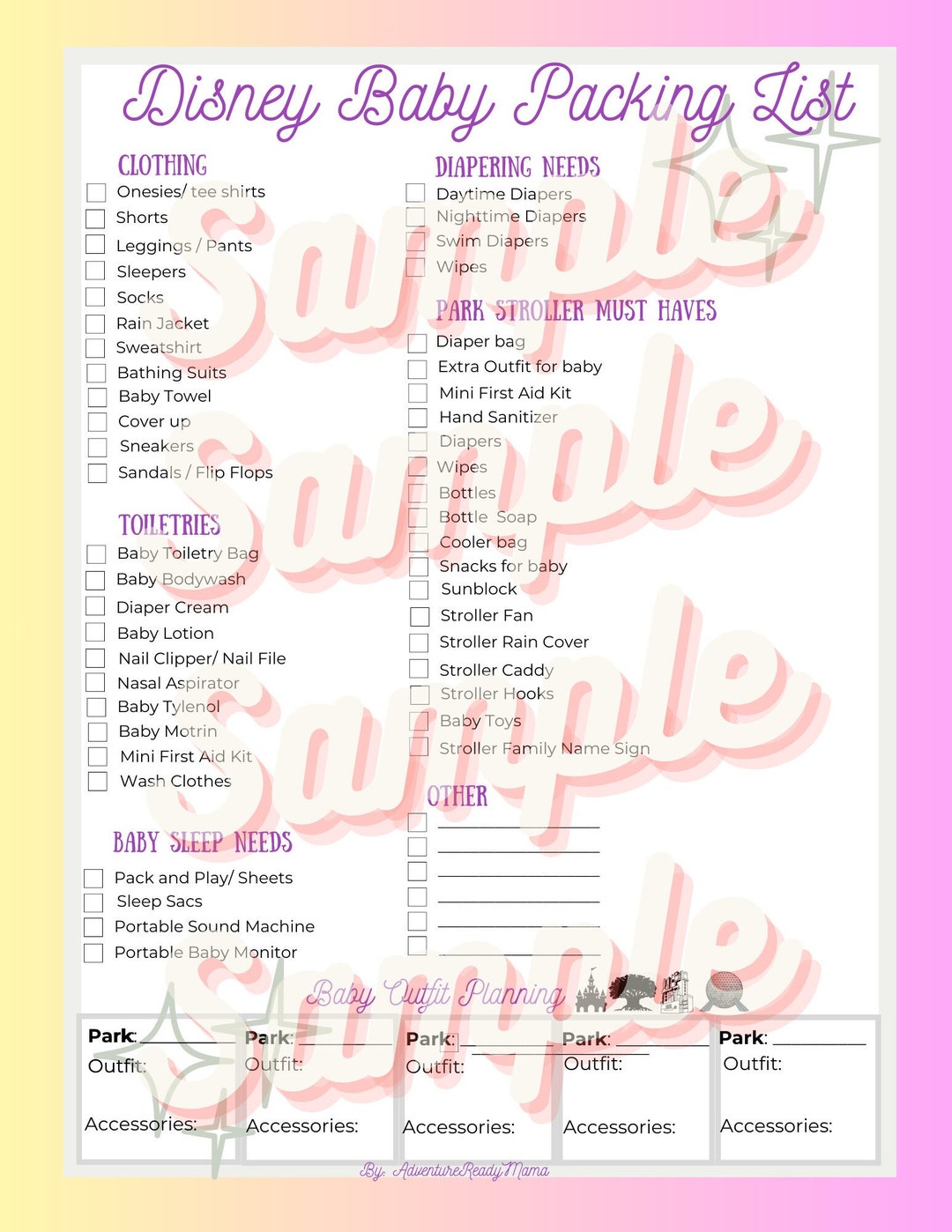 WDW Vacation Baby Packing List With Outfit Planning - Etsy