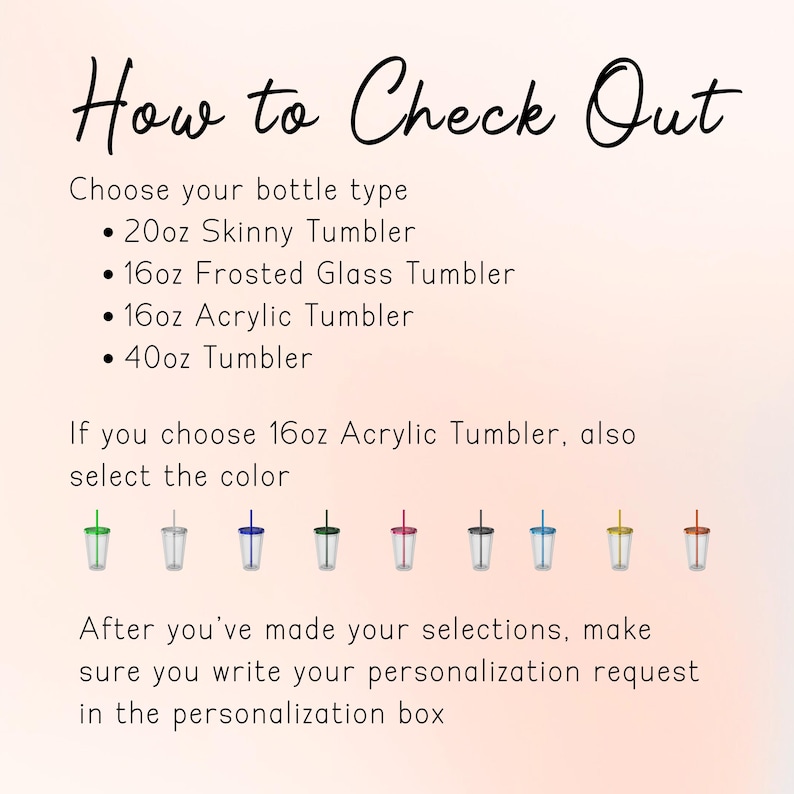 Puede incluir: Imagen con texto: "How to Check Out." Instrucciones para elegir un tipo de vaso: 20oz, 16oz Frosted Glass, 16oz Acrylic o 40oz. Si se selecciona 16oz Acrylic, elige un color. Las solicitudes de personalizaci&oacute;n deben escribirse.