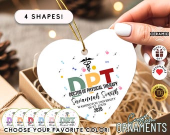 Adorno navideño de fisioterapeuta (4 formas): copo de nieve, estrella y corazón. Regalo personalizado para graduación de fisioterapeuta.