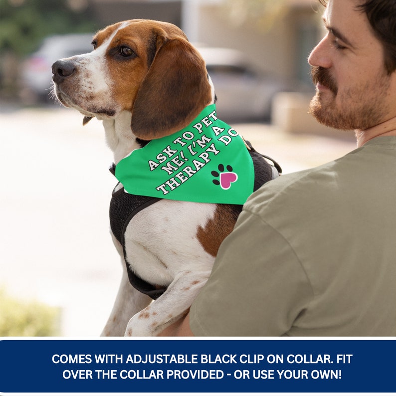 K&ouml;nnte beinhalten: Ein Beagle tr&auml;gt ein gr&uuml;nes Halstuch mit dem Text "ASK TO PET ME! I'M A THERAPY DOG" und einem rosa Pfotenabdruck. Der Hund tr&auml;gt ein schwarzes Geschirr. Das Halstuch hat einen schwarzen Rand. Der Hund wird von einer Person gehalten.