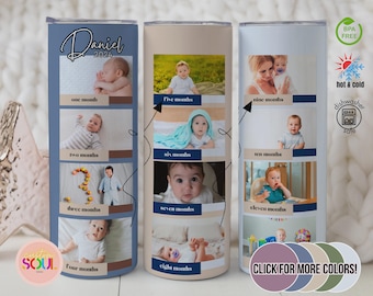 May include: Personalized baby milestone tumbler featuring photos of a baby from one to eleven months. The tumbler is blue, beige, and white, with the name "Daniel" and the year 2024. It includes text such as "one month" and "five months".
