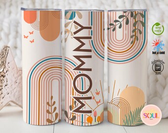May include: A set of three insulated tumblers with a cream background. The tumblers feature a retro design with arched lines in shades of pink, teal, and brown, along with the word "MOMMY" in brown. The design includes butterflies, leaves, and sun shapes.