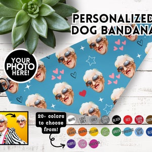 May include: Personalized dog bandana with a blue background and a repeating pattern of a woman wearing sunglasses. The bandana is available in 20+ colors.  The text "YOUR PHOTO HERE!" is on a black circle.