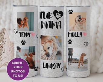 Può includere: Un bicchiere personalizzato con foto di cani e dei loro proprietari. Il bicchiere presenta le parole "Fur Mama", impronte di zampe e i nomi "Teddy", "Lindsay" e "Molly". Il design include un cerchio viola con il testo "Submit Your Photos To Us!"