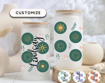 Boho Sun Glass Cup,  Boho Sun Iced Coffee Cup, Borosilicate Glass, Sun Glass Tumbler, Personalized Boho Sun Coffee Cup, Sun Glass Can