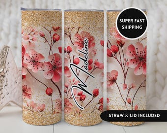 Cherry Blossom Tumbler, Elegant Gift Cherry Blossom Floral Cup Gift for Her, Beautiful Gold Floral Custom Name Cup with Cherry Blossoms