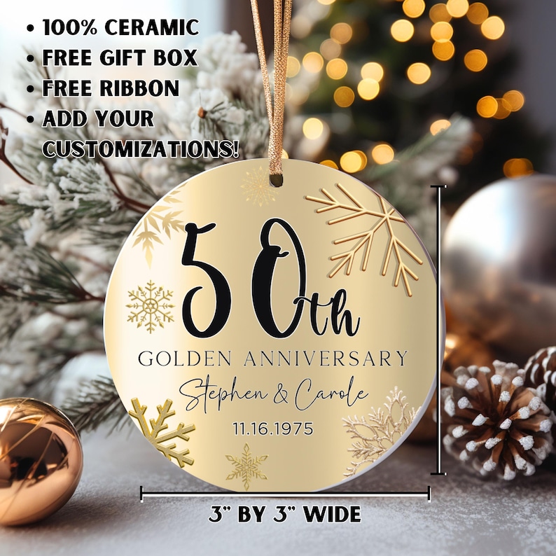 May include: A 3 inch by 3 inch gold ceramic ornament with a snowflake design. The ornament says "50th Golden Anniversary Stephen & Carole 11.16.1975"