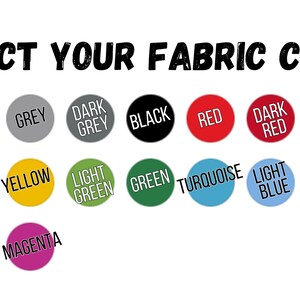 K&ouml;nnte beinhalten: Ein Farbauswahldiagramm mit dem Text "SELECT YOUR FABRIC COLOR". Das Diagramm zeigt verschiedene Farboptionen, darunter Wei&szlig;, Grau, Schwarz, Rot, Braun, Orange, Gelb, Gr&uuml;n, Blau und Lila.