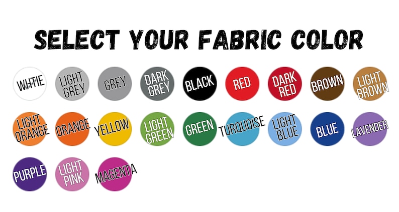 K&ouml;nnte beinhalten: Ein Farbauswahldiagramm mit dem Text "SELECT YOUR FABRIC COLOR". Das Diagramm zeigt verschiedene Farboptionen, darunter Wei&szlig;, Grau, Schwarz, Rot, Braun, Orange, Gelb, Gr&uuml;n, Blau und Lila.