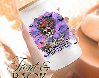 Momster Skeleton Glass Cup, Halloween Momster Iced coffee Glass Cup, Mom Halloween Gift Glass, Momster Skeleton Tumbler, Halloween Glass Cup