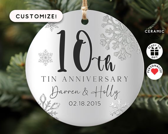 10th Anniversary Ceramic Ornament, Tin Anniversary Ornament, 10 Years Married Wedding Anniversary Gift, 10th Anniversary Present