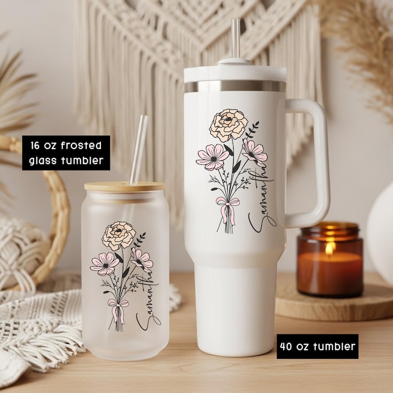 Vaso Birth Flower de 40 oz, taza de viaje Birthflower de 40 oz, no marca Stanley imagen 6