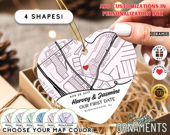 Our First Date City Map Ornament (4 Shapes): Showflake, Star, Heart Ornament, Couples First Date Keepsake Anniversary Gift