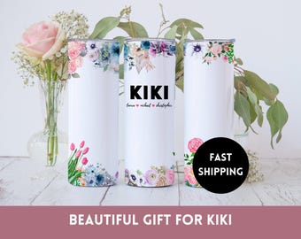 Kiki Tumbler with Names, Kiki Gifts, Mother's Day Gift for Best Kiki Ever, Personalized Kids Names Gift for Kiki | Floral Grandma Gift Mug