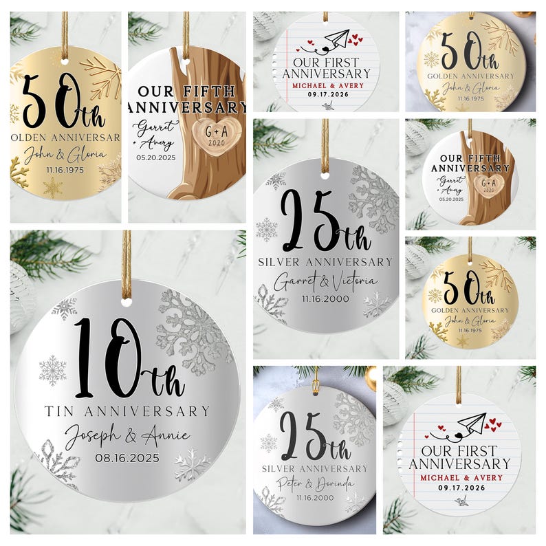 May include: A set of ten round, silver and gold ornaments with snowflake designs and anniversary text. The ornaments feature different anniversary milestones, including 10th, 25th, 50th, and first anniversaries. Each ornament has a personalized message with the couple's names and the date of their anniversary.