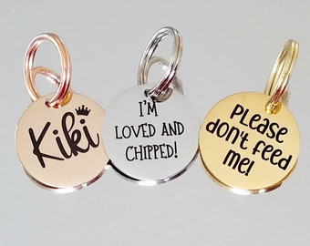 Tiny 20mm cat or puppy ID tags laser engraved, stainless steel available in silver, gold and rose gold
