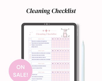 May include: A printable cleaning checklist with a pink and purple color scheme. The checklist is divided into daily tasks, with a grid for each day of the week. The tasks include making the bed, dusting surfaces, vacuuming, and wiping down countertops.